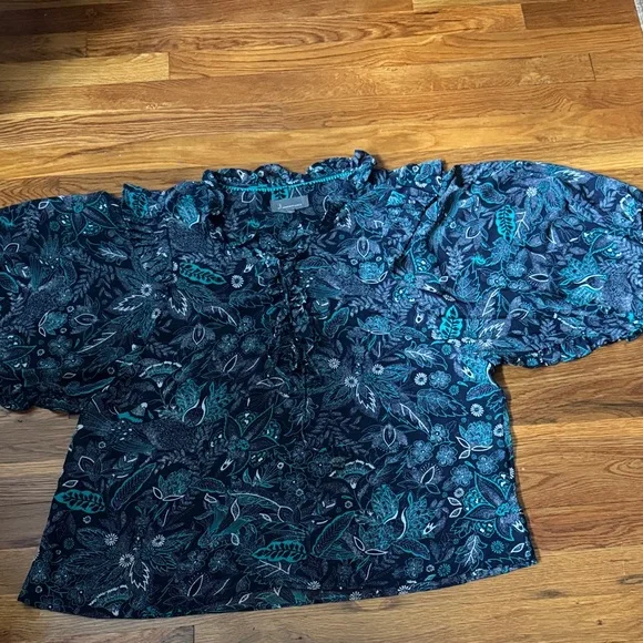 Anthropologie Teal and Navy Patterned chiffon Top XL - Picture 1 of 7
